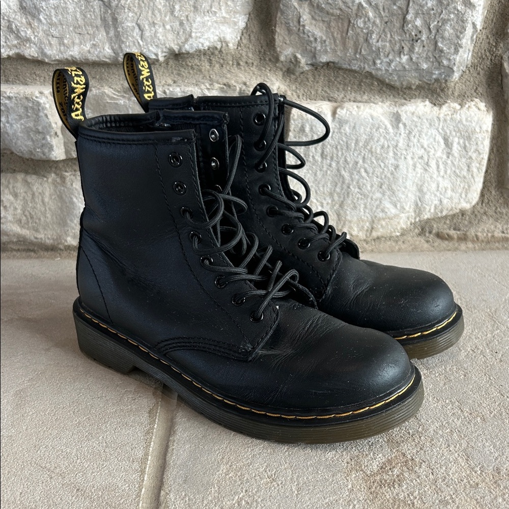 Dr. Martens Black Leather Boots with Yellow Stitching